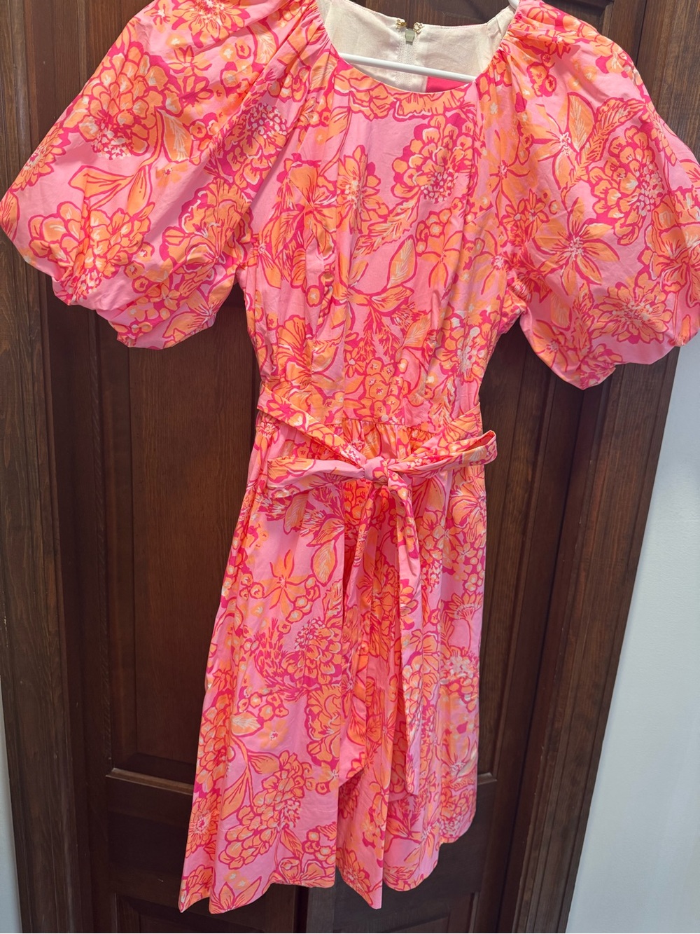 Lilly Pulitzer Pink and Orange Floral Puff-Sleeve Dress